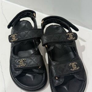 CHANEL Black Leather Sandals